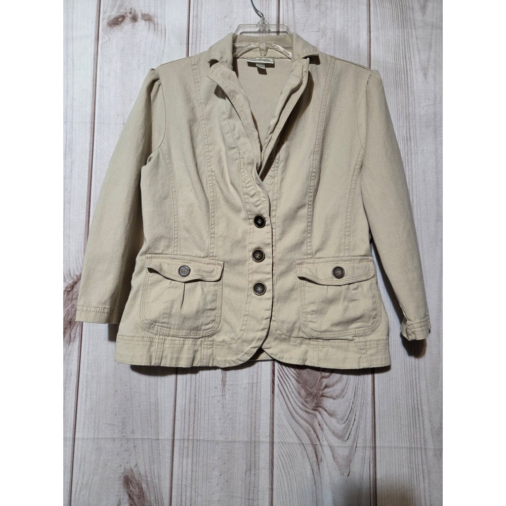 Dressbarn Womens Khaki Tan Utility Blazer Jacket Stretch Cotton Size Small